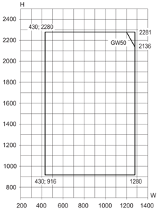 Min/maks-mål, sidehengslet vindu, vrider ved rammehøyde = 350mm